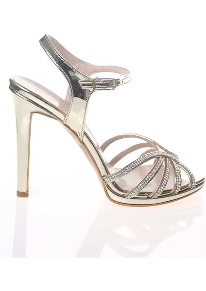 Kadın Moda Şık Gold Ayna Beş Taş Topuklu Zarif Tasarım Düğün Nişan Gece Abiye Ayakkabı