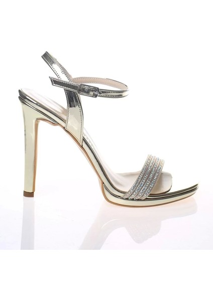 Kadın Moda Şık Gold Ayna Taşlı Tek Bant Topuklu Zarif Tasarım Düğün Nişan Gece Abiye Ayakkabı