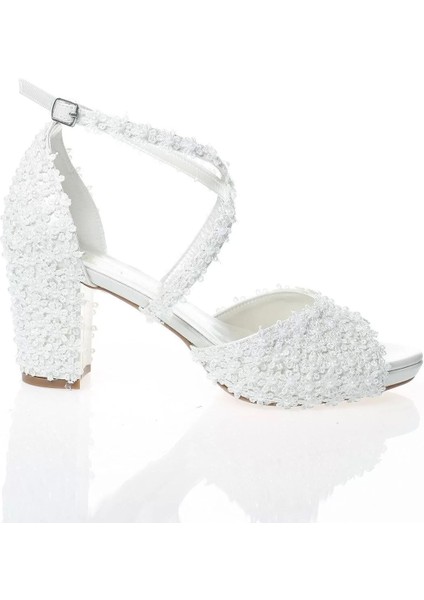 Kadın Moda Beyaz Sedef Inci Taş Işlemeli Gelin Ayakkabı Topuklu Düğün Nişan Gece Abiye Ayakkabı
