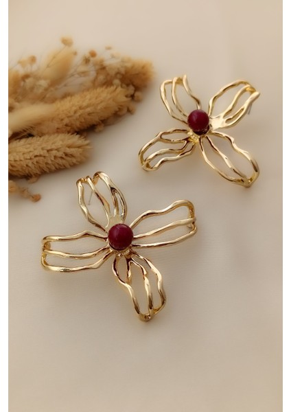 Bordo Inci Detaylı Gold Büyük Boy Metal Çiçek Küpe (6,5cm) fiyatları
