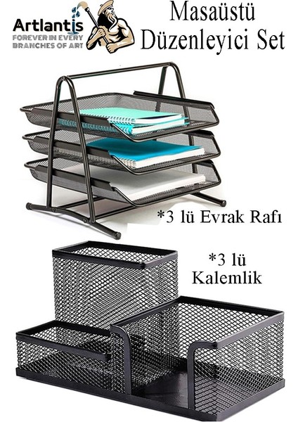 Masaüstü Evrak Rafı ve Metal Kalemlik Seti 3 Lü Kombo 1 Paket Fileli Perfore Siyah Kalemlik Ataşlık Notluk Düzenleyici