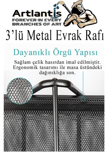 Masaüstü Evrak Rafı ve Metal Kalemlik Seti 3 Lü Kombo 1 Paket Fileli Perfore Siyah Kalemlik Ataşlık Notluk Düzenleyici