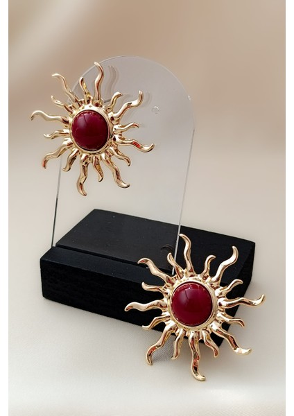 Güneş Figür Gold Çelik Küpe Bordo