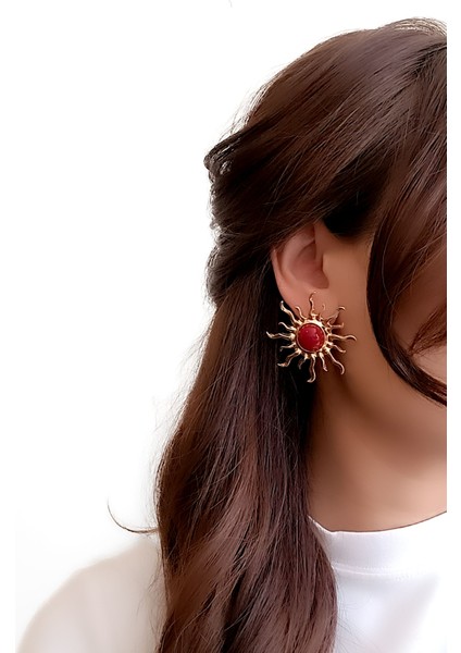 Güneş Figür Gold Çelik Küpe Bordo modelleri