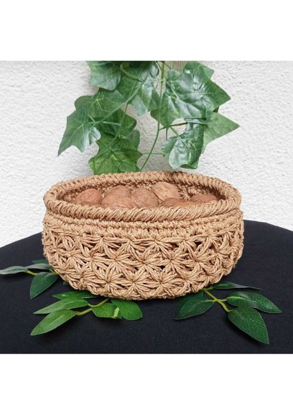 Şık kahverengi çok amaçlı hasır sepet, ekmek, meyve ve cevizlik kullanımına uygun