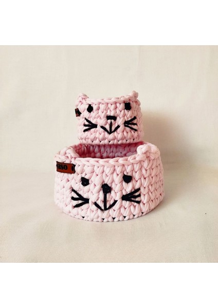 Pembe Kedi Figürlü Çocuk ve Bebek Odası Düzenleyici Sepet, Kumaş, Küçük Boy