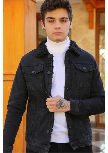 Erkek Içi Kürklü Slim Fit Kot Ceket