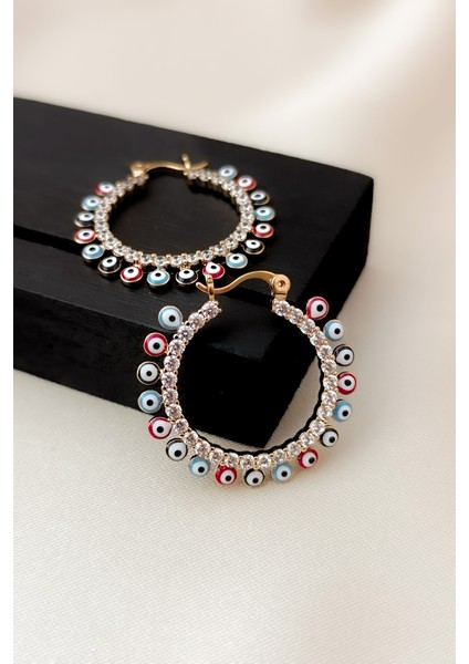 Nazar Boncuğu Sıralı Zirkon Taş Detaylı Rose Halka Klipsli Küpe