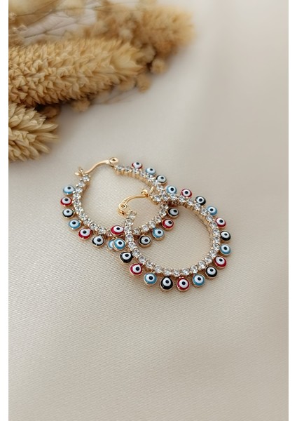 Nazar Boncuğu Sıralı Zirkon Taş Detaylı Rose Halka Klipsli Küpe fiyatları