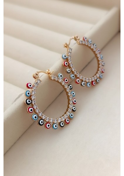 Nazar Boncuğu Sıralı Zirkon Taş Detaylı Rose Halka Klipsli Küpe fırsatları