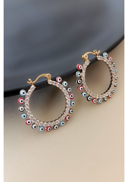 Nazar Boncuğu Sıralı Zirkon Taş Detaylı Rose Halka Klipsli Küpe indirimleri