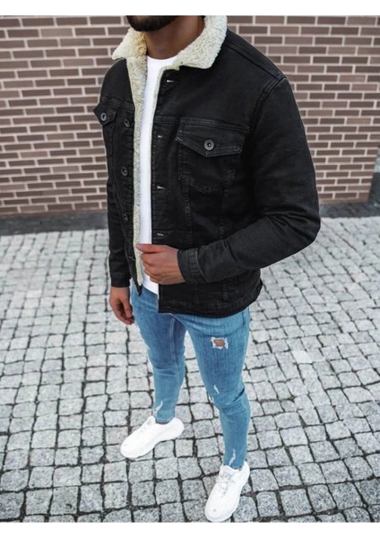 Erkek Içi Kürklü Slim Fit Kot Ceket
