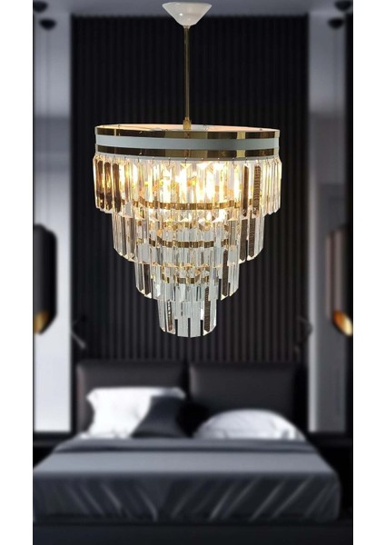 Beyaz Gold Kristal Taşlı Avize - Lüks ve Şık Işık Kaynağı