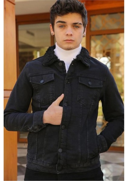Erkek Içi Kürklü Slim Fit Kot Ceket