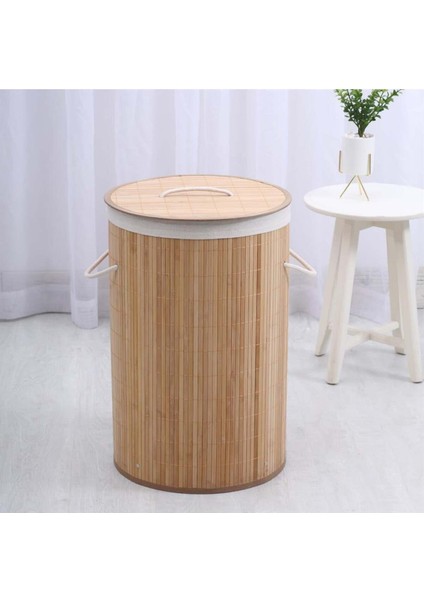 El Yapımı Bambu Kapaklı Çamaşır Sepeti 35x35x60cm Bej Doğal ve Şık Tasarım