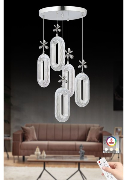 Sarı Kristal Taşlı Modern Led Avize 5'li Kumandalı Led Alfa