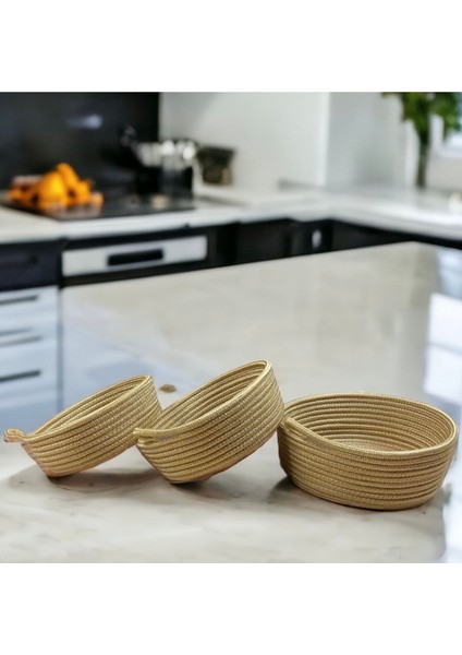 Fiyonklu 3'lü Çok Amaçlı Sepet, Jüt İp, Dekoratif ve Kullanışlı, Bej Renk