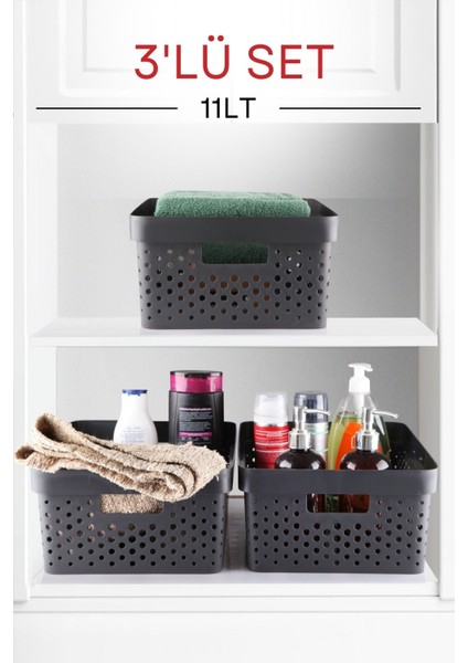 3'lü 11LT Çok Amaçlı Penta Köşeli Düzenleyici Sepet, Antrasit Gri