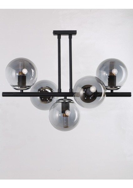 Metal 5'li Avize - Siyah Krom Füme Camlı Boyut 45x55