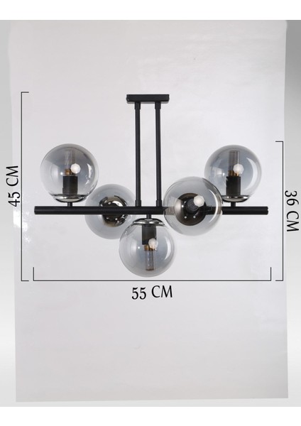 Metal 5'li Avize - Siyah Krom Füme Camlı Boyut 45x55 indirimleri