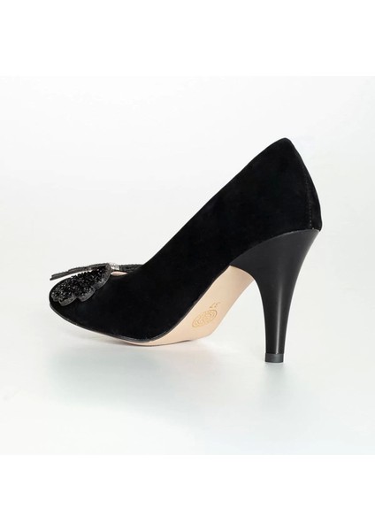 Kadın Moda Şık Siyah Süet Taşlı Topuklu Ayakkabı Zarif Tasarım Düğün Nişan Gece Abiye Ayakkabı