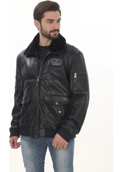 Erkek Kışlık Derimont Şık Tarz Erkek Bomber Ceket Siyah Hakiki Kuzu Derisi El Yapımı Pilot Mont