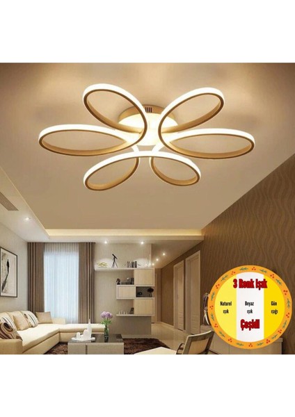 Altın Renkli Modern Tavan Lambası, 3 Renkli Işık, Alüminyum Malzeme, 10 Ampül, 50x45 Boyut