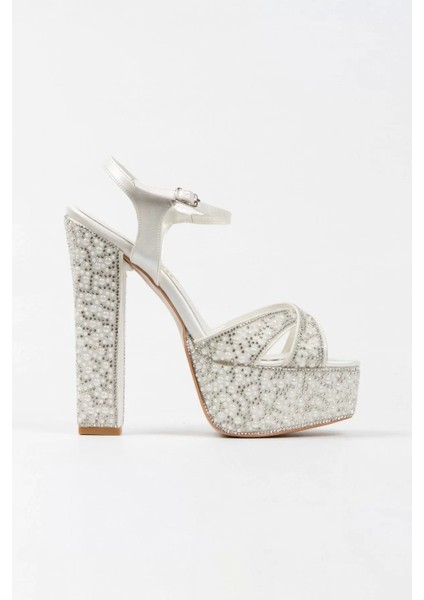 Kadın Moda Şık Gold Ayna Full Inci Taşlı Klasik Köşe Kalıplı Kalın Düğün Nişan Gece Abiye Ayakkabı