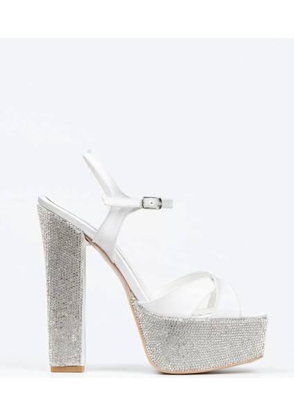 Kadın Moda Gümüş Saten Ökçe-Poli Taşlı Klasik Köşe Kalıplı Kalın Düğün Nişan Gece Abiye Ayakkabı