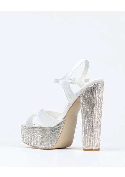 Kadın Moda Gümüş Saten Ökçe-Poli Taşlı Klasik Köşe Kalıplı Kalın Düğün Nişan Gece Abiye Ayakkabı fırsatları