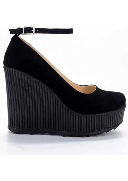 Kadın Moda Şık Siyah Süet Dolgu Topuklu Ayakkabı Topuklu Düğün Nişan Gece Abiye Ayakkabı