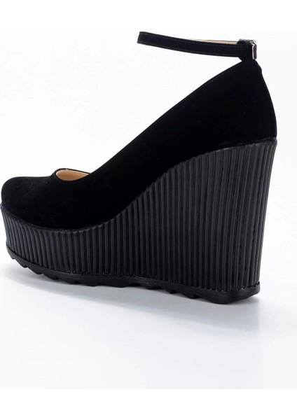 Kadın Moda Şık Siyah Süet Dolgu Topuklu Ayakkabı Topuklu Düğün Nişan Gece Abiye Ayakkabı fırsatları