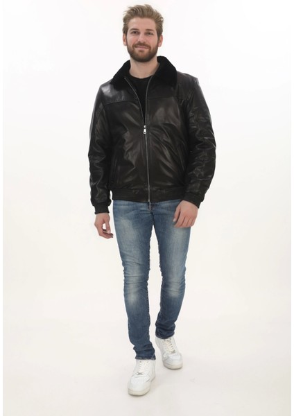 Erkek Kış Tarz Derimont Ceket Siyah Hakiki Kuzu Derisi Bomber Model Erkek Mont