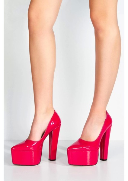 Kadın Moda Şık Fuşya Rugan Klasik Sivri Kalın Topuklu Platformlu Düğün Nişan Gece Abiye Ayakkabı modelleri