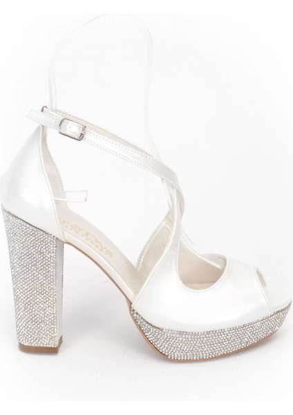 Kadın Moda Şık Sedef Cilt Taşlı Topuklu Zarif Tasarım Düğün Nişan Gece Abiye Ayakkabı