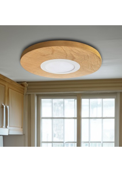 Ahşap Kaplama Yuvarlak Led Tavan Lambası - 42cm, 1 Ampül, Yatak Odası ve Koridorlar İçin Naturel Aydınlatma