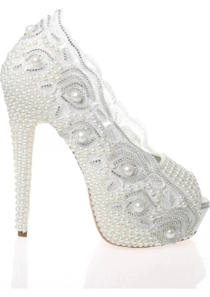 Kadın Moda Beyaz Sedef Inci Taş Işlemeli Gelin Ayakkabı Topuklu Düğün Nişan Gece Abiye Ayakkabı