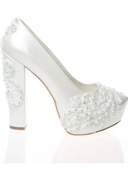 Kadın Moda Beyaz Sedef Inci Taş Işlemeli Gelin Ayakkabı Topuklu Düğün Nişan Gece Abiye Ayakkabı