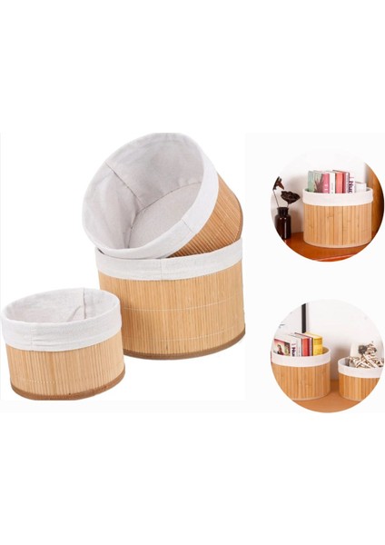 3'lü Bambu Yuvarlak Sepet, Çok Amaçlı Saklama ve Organizer Bej 30x20