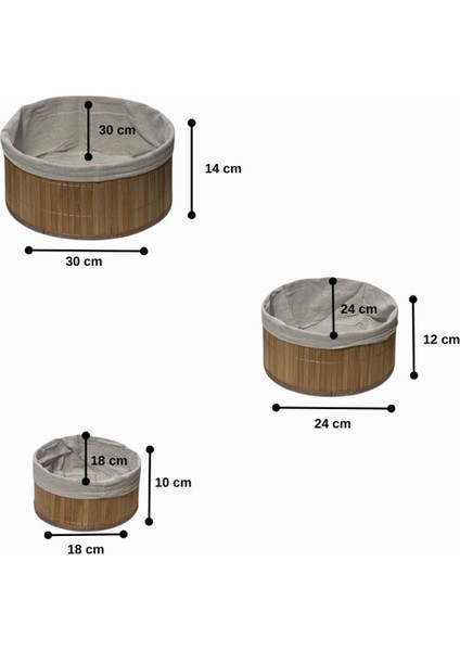 3'lü Bambu Yuvarlak Sepet, Çok Amaçlı Saklama ve Organizer Bej 30x20 indirimleri