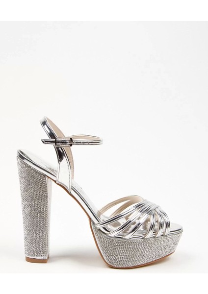 Kadın Moda Şık Gümüş Ayna Çapraz Ökçe Poli Taş Düğün Nişan Gece Abiye Ayakkabı
