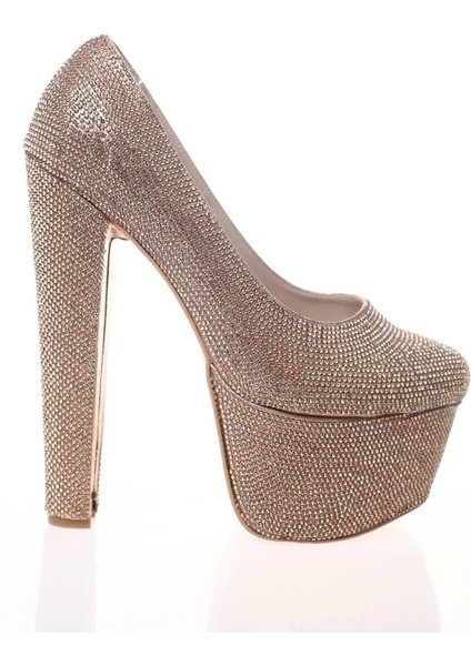 Kadın Moda Şık Gold Full Taş Yüksek Topuk Topuklu Düğün Nişan Gece Abiye Ayakkabı