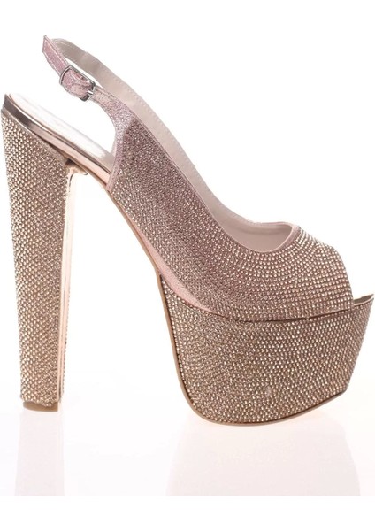 Kadın Moda Şık Gold Full Taş Yüksek Topuk Topuklu Düğün Nişan Gece Abiye Ayakkabı