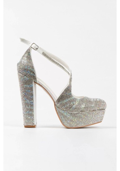 Kadın Moda Sultan Çift Renk Taşlı Çapraz Klasik Topuklu Platformlu Düğün Nişan Gece Abiye Ayakkabı