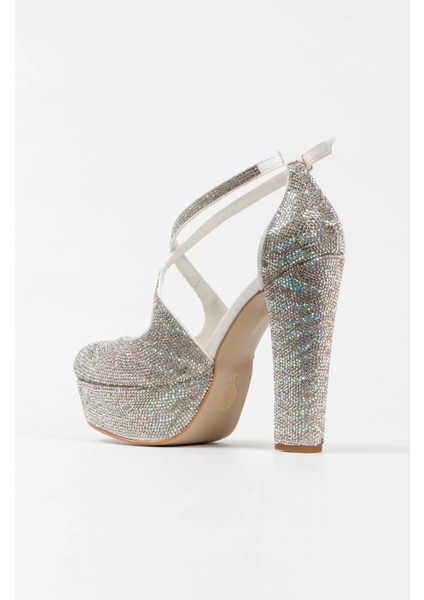 Kadın Moda Sultan Çift Renk Taşlı Çapraz Klasik Topuklu Platformlu Düğün Nişan Gece Abiye Ayakkabı fırsatları