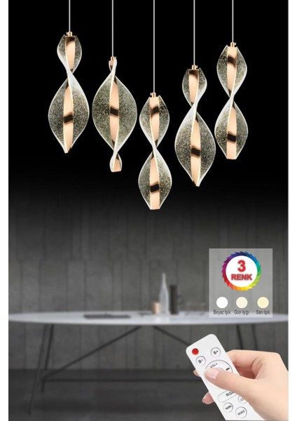 Modern LEDli Avize ve 5'li Yemek Masası Seti, Kumandalı ve Şık Tasarım, Metal Malzeme, 3 Renk Led Seçeneği, 30x30 Ebatlı.