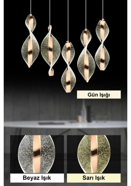 Modern LEDli Avize ve 5'li Yemek Masası Seti, Kumandalı ve Şık Tasarım, Metal Malzeme, 3 Renk Led Seçeneği, 30x30 Ebatlı.