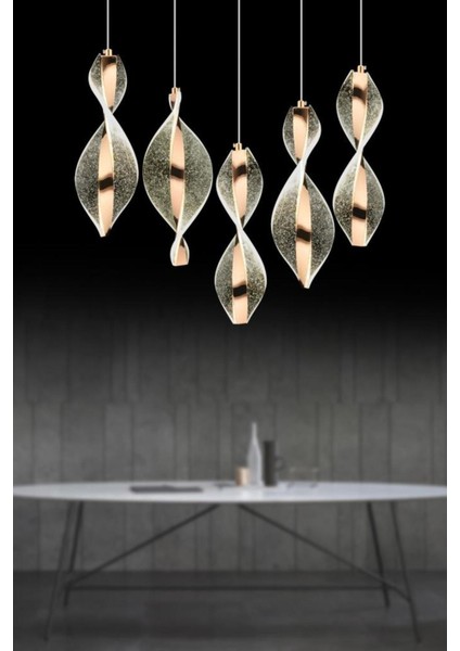 Modern LEDli Avize ve 5'li Yemek Masası Seti, Kumandalı ve Şık Tasarım, Metal Malzeme, 3 Renk Led Seçeneği, 30x30 Ebatlı.