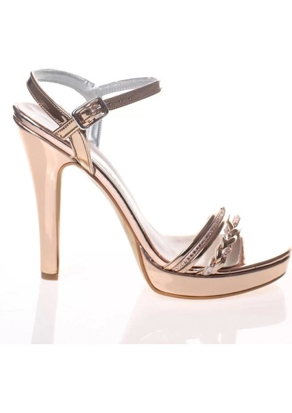 Kadın Moda Şık Platin Ayna Çapraz Örgülü Tek Bant Topuklu Düğün Nişan Gece Abiye Ayakkabı