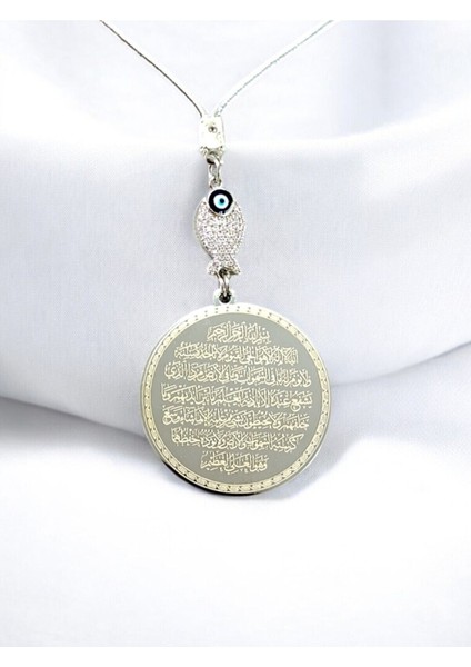 Zirkon Balık Gümüş Renk Çelik Çift Taraflı Ayetel Kürsi Felak Nas Ihlas Araba Dikiz Ayna Süsü